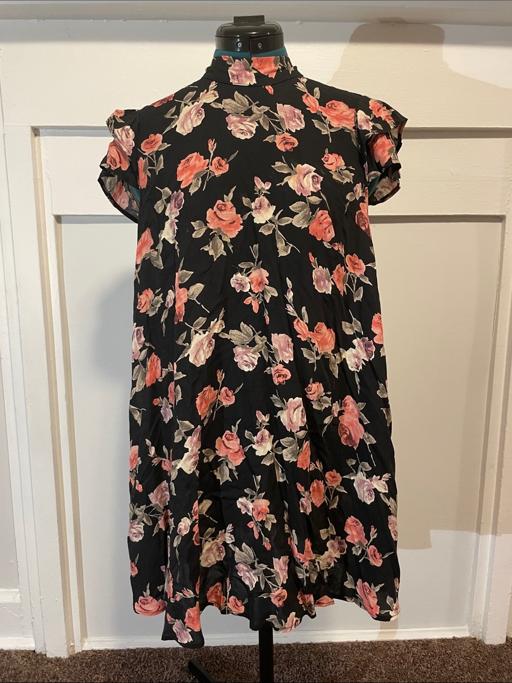 lola Black Floral Shift Dress with Pink Roses